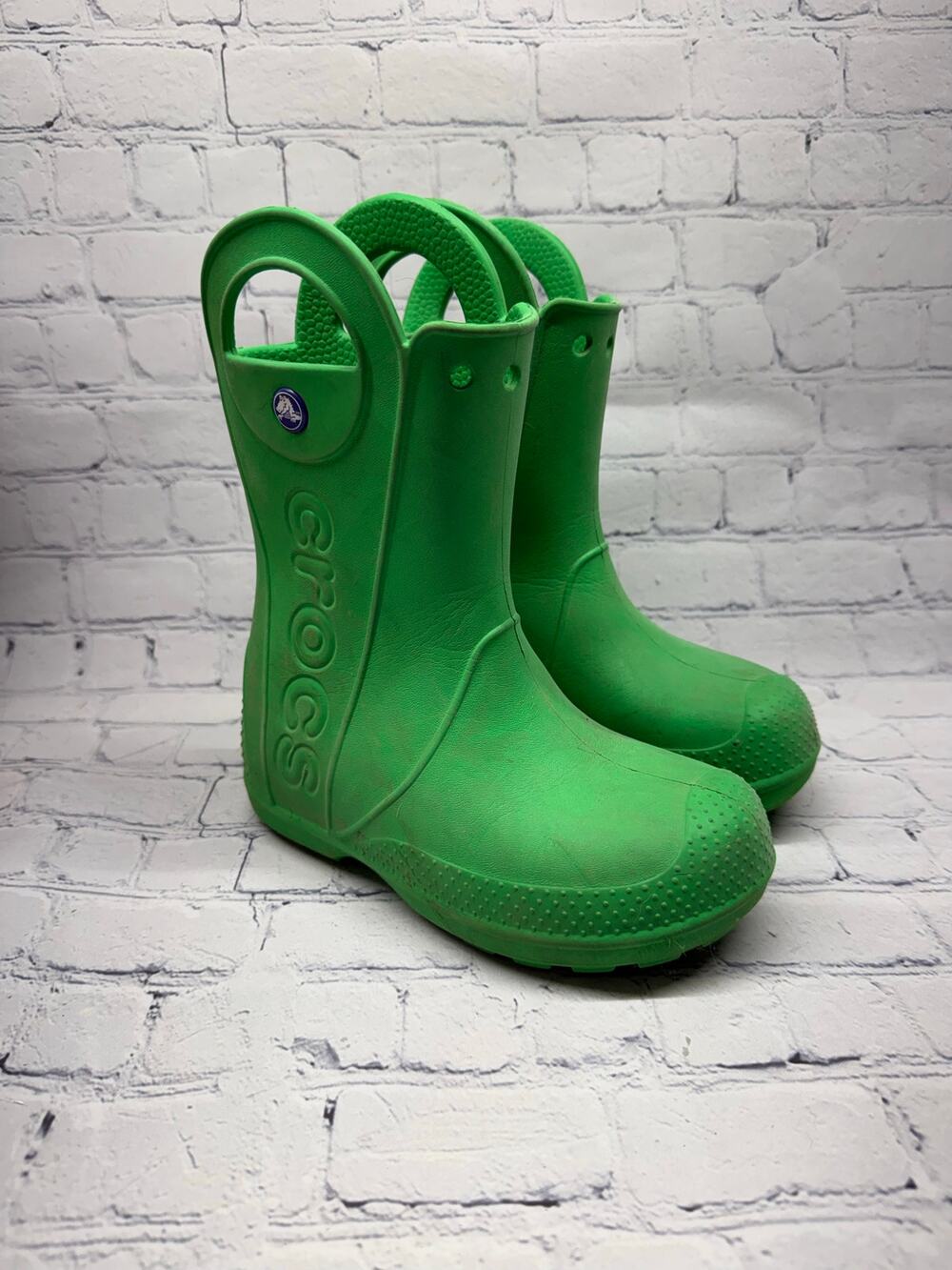 Kids Crocs Handle It Rain Boots Green with Pull Handles Size 13